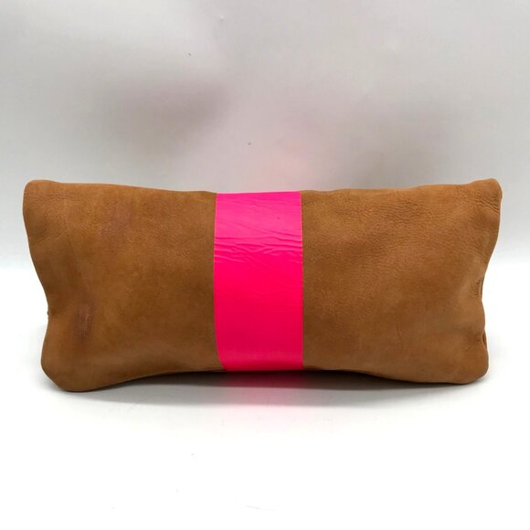 Clare V Camel Brown Leather With Pink Stripe Foldover Clutch - Picture 2 of 10